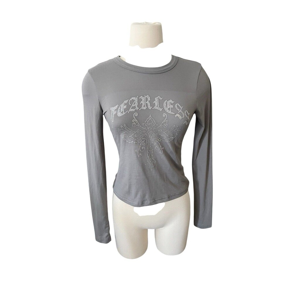 Charlotte Russe Size M Y2K Cyber Grunge Rhinestone Fearless Winged Cross Shirt